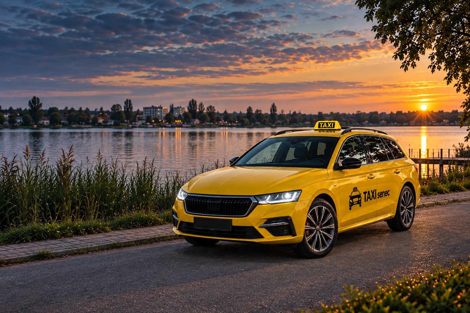 Žlté vozidlo Taxi Senec zaparkované pri jazere v Senci za západu slnka